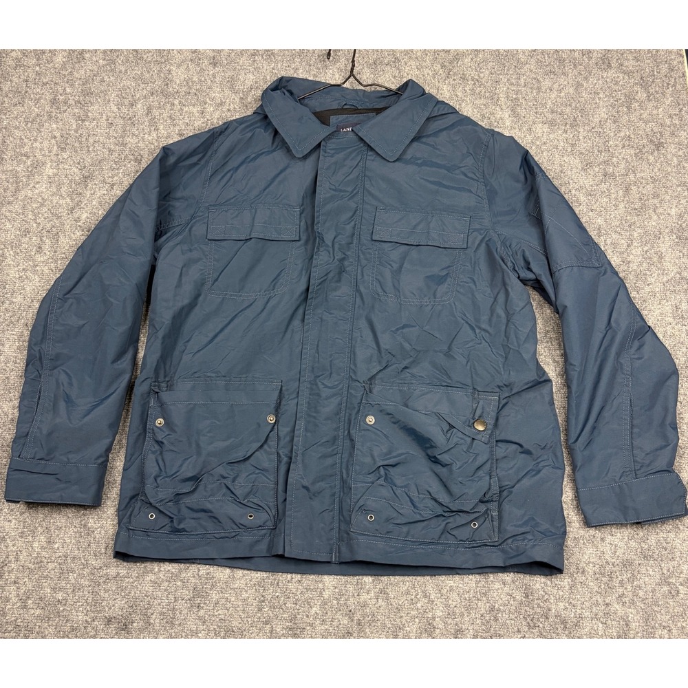 Lands End Mens Blue Field Jacket Hidden Hood Nylon Utility Coat Size L 42-44